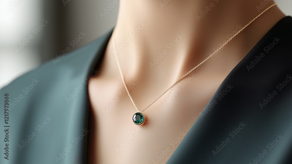 Elegant close-up of a gold necklace with a green gemstone pendant, styled on a sophisticated outfit. Elegant close-up of a gold necklace with a green gemstone pendant, styled on a sophisticated outfit.