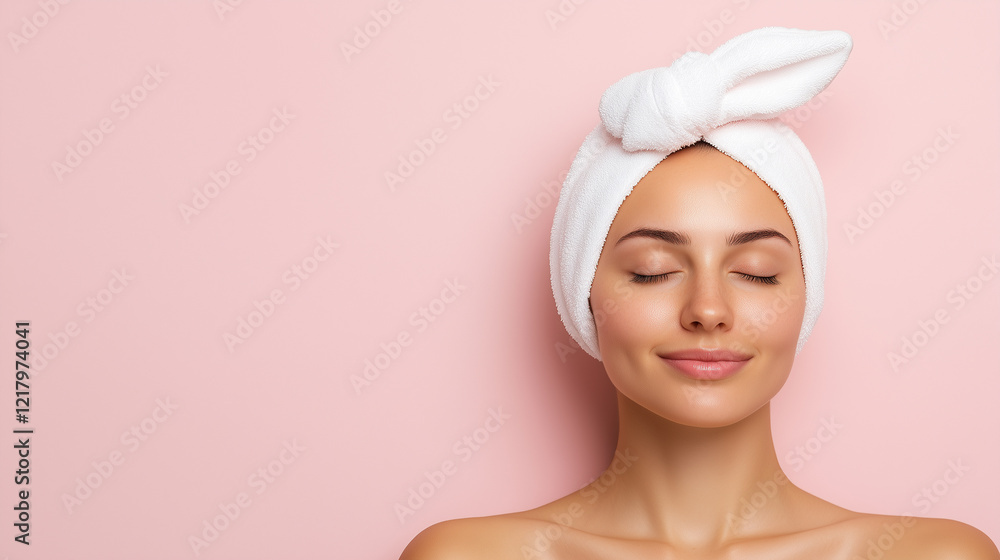 Portrait of a smiling woman with a towel turban on her head, against a soft pink background. Portrait of a smiling woman with a towel turban on her head, against a soft pink background.