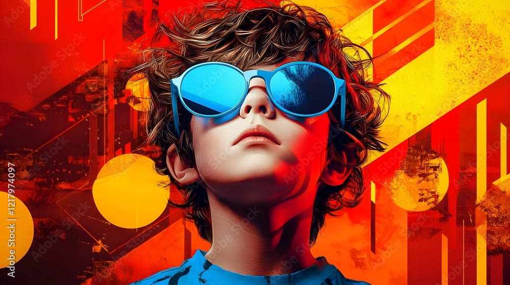 Messy Haired Teenage Boy Wearing Blue Reflective Sunglasses Surrounded by Vivid Geometric Patterns and Splashes of Red and Orange in the Background Messy Haired Teenage Boy Wearing Blue Reflective Sunglasses Surrounded by Vivid Geometric Patterns and Splashes of Red and Orange in the Background