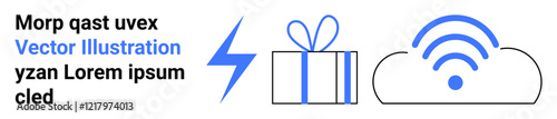 Text alongside a blue lightning bolt, gift box, and cloud with wireless signal. Ideal for digital gifts, e-commerce, wireless technology, connectivity, innovation modernity cloud services. Landing