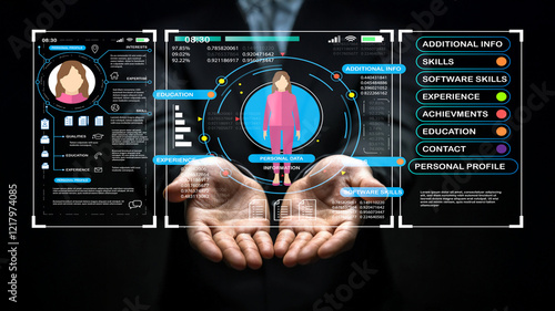 Wallpaper Mural Modern Digital Interface Showing Personal Data, Skills, Experience, and Achievements in a Futuristic User Experience Concept Torontodigital.ca