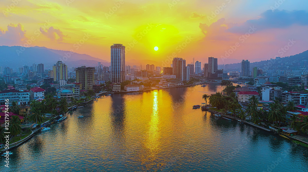 Fototapeta premium Malabo, Equatorial Guinea: Stunning Aerial View of Cityscape at Sunset