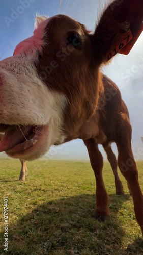 Vertical shot of baby cow grazing and looking at the camera, foggy Fanal Forest in Madeira, Portugal. Twisted trees surround the misty landscape. Perfect for nature, travel, and animals themes