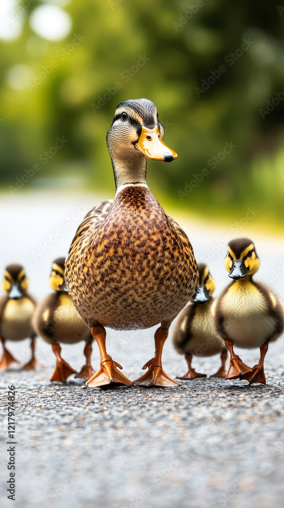 Fototapeta premium A mother duck leads her ducklings down a road, showcasing a charming moment in nature.