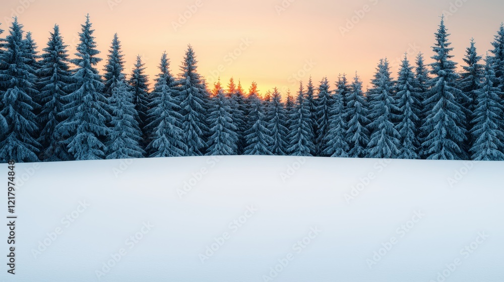 Obraz premium Serene Winter Landscape with Snow-Covered Trees at Sunset Glow