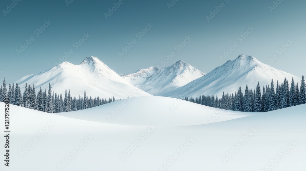 Fototapeta premium Serene Winter Landscape with Snow-Capped Mountains and Pine Trees