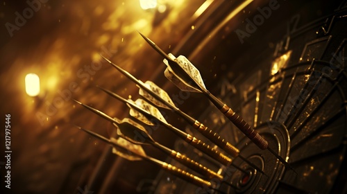 Spotlight on Skill: Close-Up of a Dart’s Impact in a Club Setting,技巧のスポットライトクラブセッティングでのダーツのインパクトのクローズアップ.Generative AI