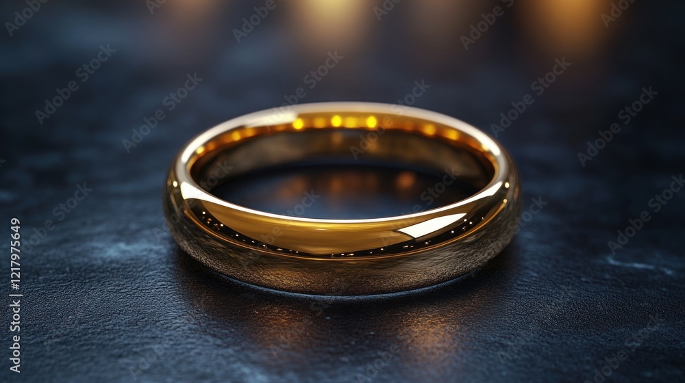 Polished gold wedding band on dark surface. Polished gold wedding band on dark surface.