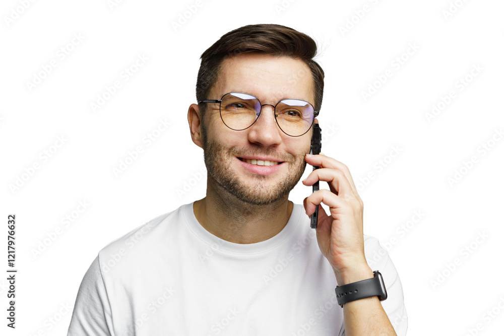 Young man smiling while talking on the phone, showing joyfulness in a bright setting Young man smiling while talking on the phone, showing joyfulness in a bright setting