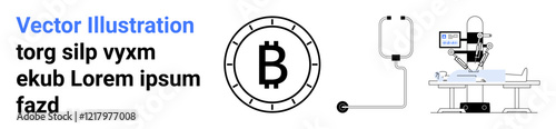 Bitcoin coin, medical robot operating, patient bed with IV, and text elements. Ideal for tech, finance, healthcare, digital currency, medical robotics, innovation, futuristic concepts. Landing page