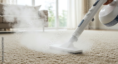 Close-up of steam vapor cleaner on a carpet in a living room