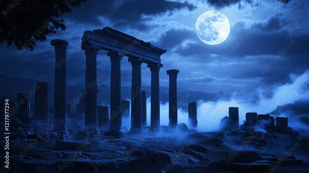 Fototapeta premium Ancient Ruins Under a Mystical Full Moon
