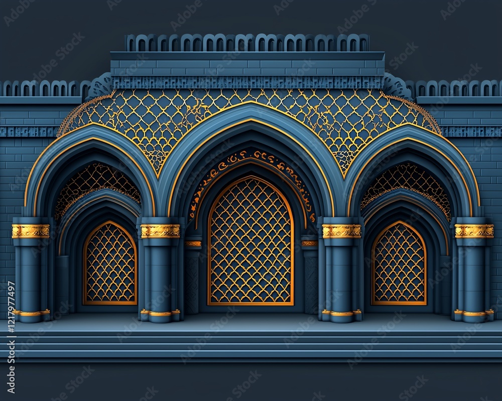 Obraz premium Elegant Islamic architecture with three arched doorways, intricate gold detailing, and dark blue stone facade.