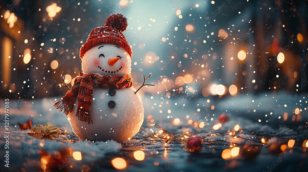 Fototapeta premium Joyous Snowman in a Red Hat amidst a Serene Winter Landscape, 赤い帽子をかぶり静かな冬の風景に佇む喜びに満ちた雪だるま.Generative AI