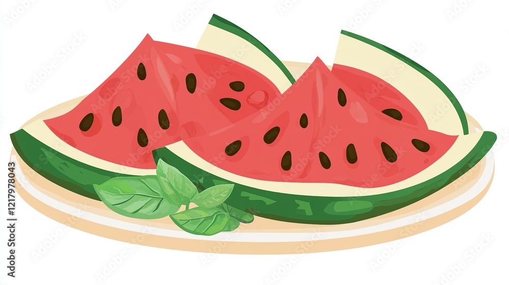Three juicy watermelon slices on a plate with fresh basil leaves.