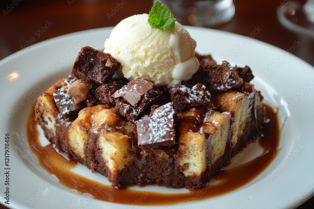 Decadent brownie bread pudding with vanilla ice cream and caramel sauce. Perfect for menus, dessert blogs, or culinary articles showcasing rich desserts. Decadent brownie bread pudding with vanilla ice cream and caramel sauce. Perfect for menus, dessert blogs, or culinary articles showcasing rich desserts.