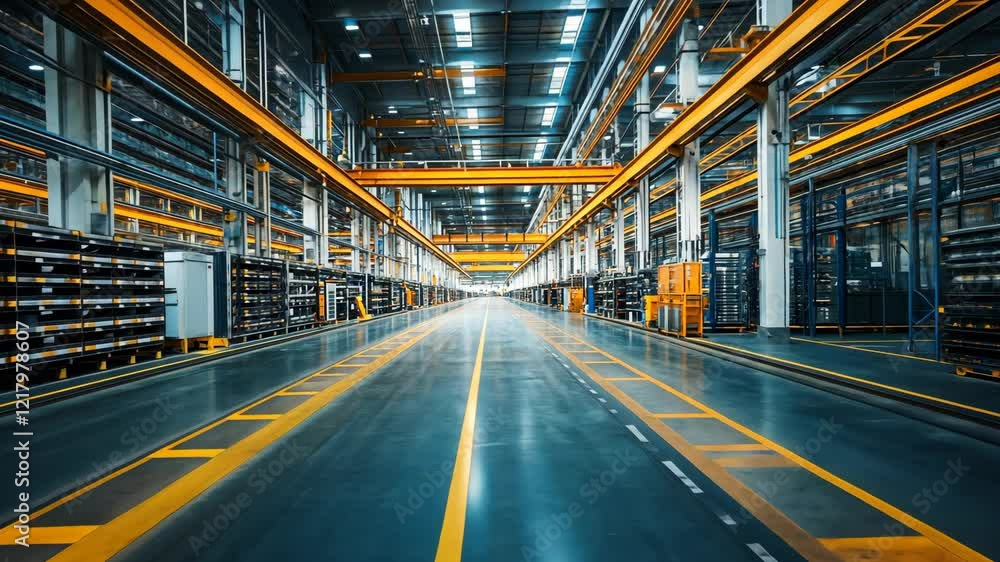 Bright and modern warehouse interior illuminated with extensive shelving and wide aisles for efficient operations Bright and modern warehouse interior illuminated with extensive shelving and wide aisles for efficient operations