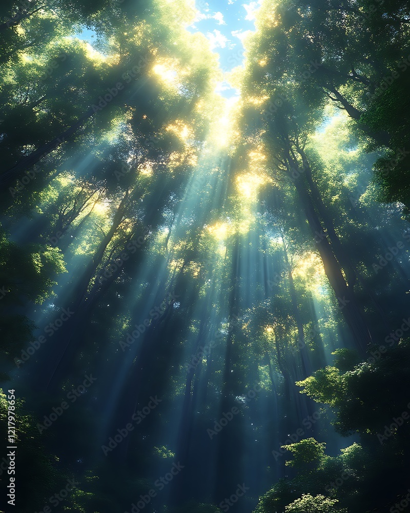 Obraz premium Sunbeams pierce dense forest canopy.