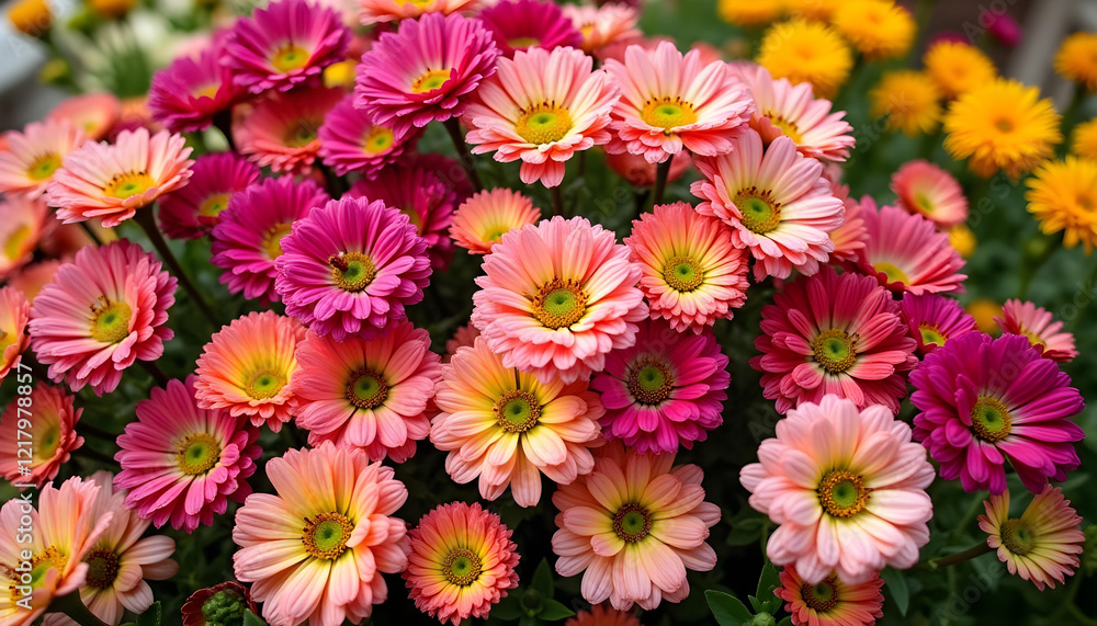 A dynamic floral wall filled with blooming chrysanthemums, daisies, and other wildflowers, bursting with radiant colors and natural beauty. A dynamic floral wall filled with blooming chrysanthemums, daisies, and other wildflowers, bursting with radiant colors and natural beauty.