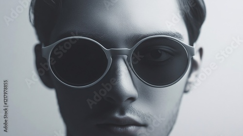 Man wearing round sunglasses with black lenses and white frame photo