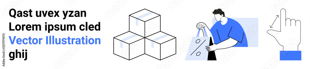 Package boxes stacked, person holding shopping bag with discount tag, and hand gesture icon pointing upward. Ideal for ecommerce, retail marketing, delivery services, sales promotion, web design Package boxes stacked, person holding shopping bag with discount tag, and hand gesture icon pointing upward. Ideal for ecommerce, retail marketing, delivery services, sales promotion, web design