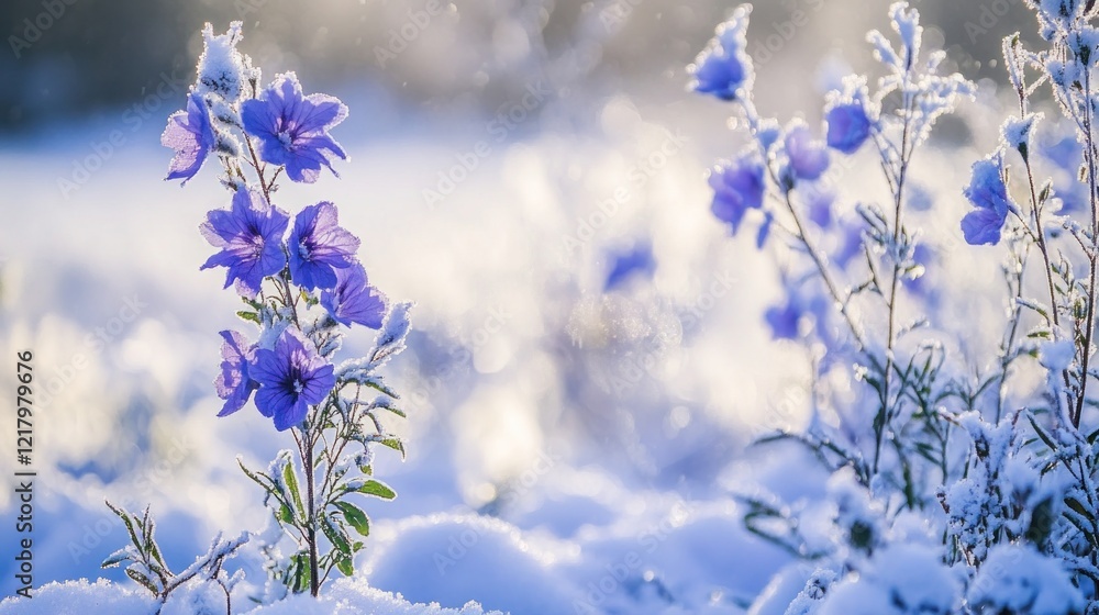 Fototapeta premium Frosty purple flowers in snowy field.