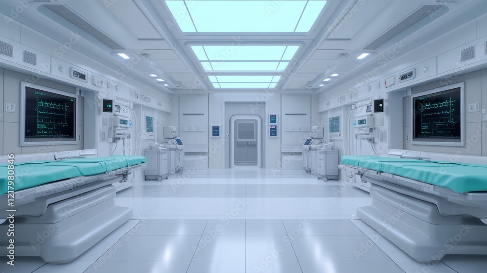 Obraz premium Modern and Sterile Hospital Interior with Comfortable Patient Beds and Advanced Medical Equipment in a Brightly Lit Environment