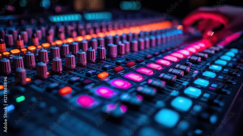 Vibrant Audio Mixer Console in Action Vibrant Audio Mixer Console in Action