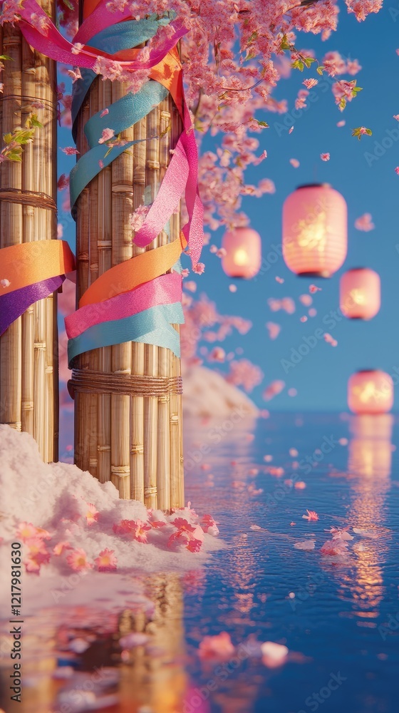 Naklejka premium Tranquil cherry blossom archway, lanterns, serene water, spring festival scene, ideal for travel posters