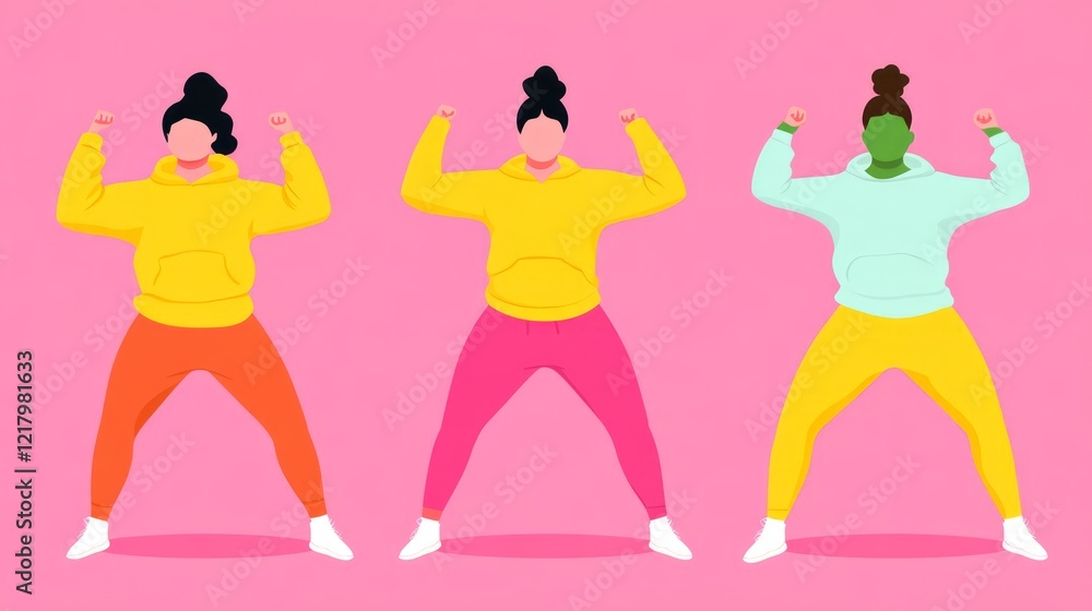 Fototapeta premium Three Diverse Women in Colorful Activewear Performing a Fitness Dance Routine on a Pink Background to Promote Health and Wellness Empowerment