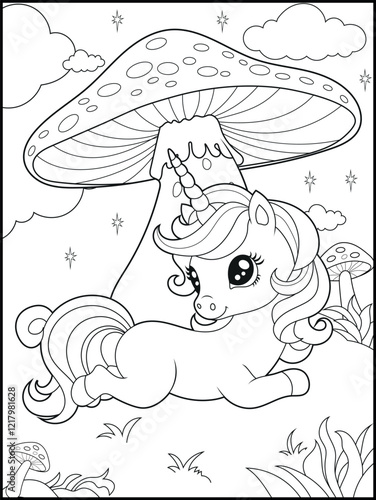 Illustration of a cute baby unicorn cartoon character. Black and white Printable Unicorn coloring page for kids.