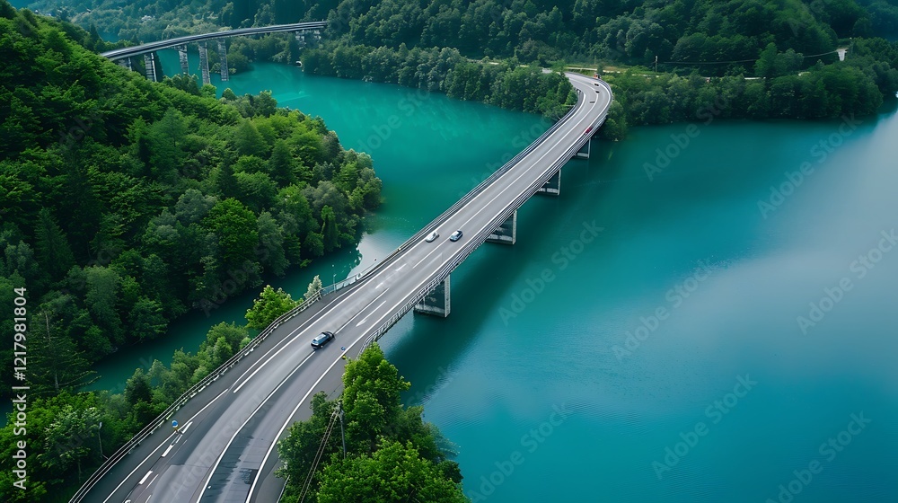 Fototapeta premium Aerial view of bridge road with cars and lake in the forest