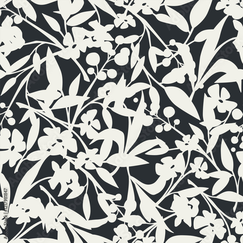 Floral pattern with flowers and leaves silhouettes. Modern floral print. Vector seamless background