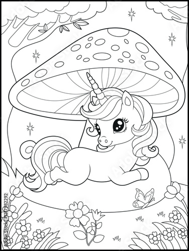 Illustration of a cute baby unicorn cartoon character. Black and white Printable Unicorn coloring page for kids.
