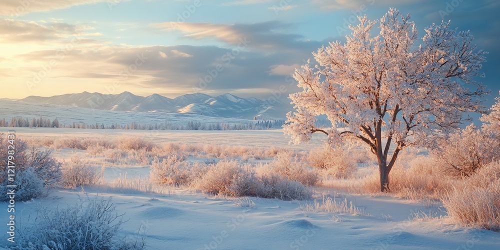 Naklejka premium Frosty sunrise over snow-covered plains, mountains in background. Winter landscape