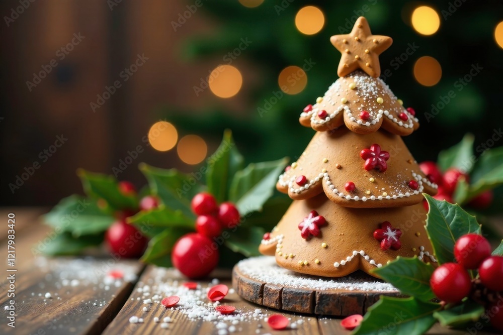 Gingerbread star tree on wooden table with holly, ribbons, and red berries in the background, seasonal, holidaydecorations, holidays Gingerbread star tree on wooden table with holly, ribbons, and red berries in the background, seasonal, holidaydecorations, holidays