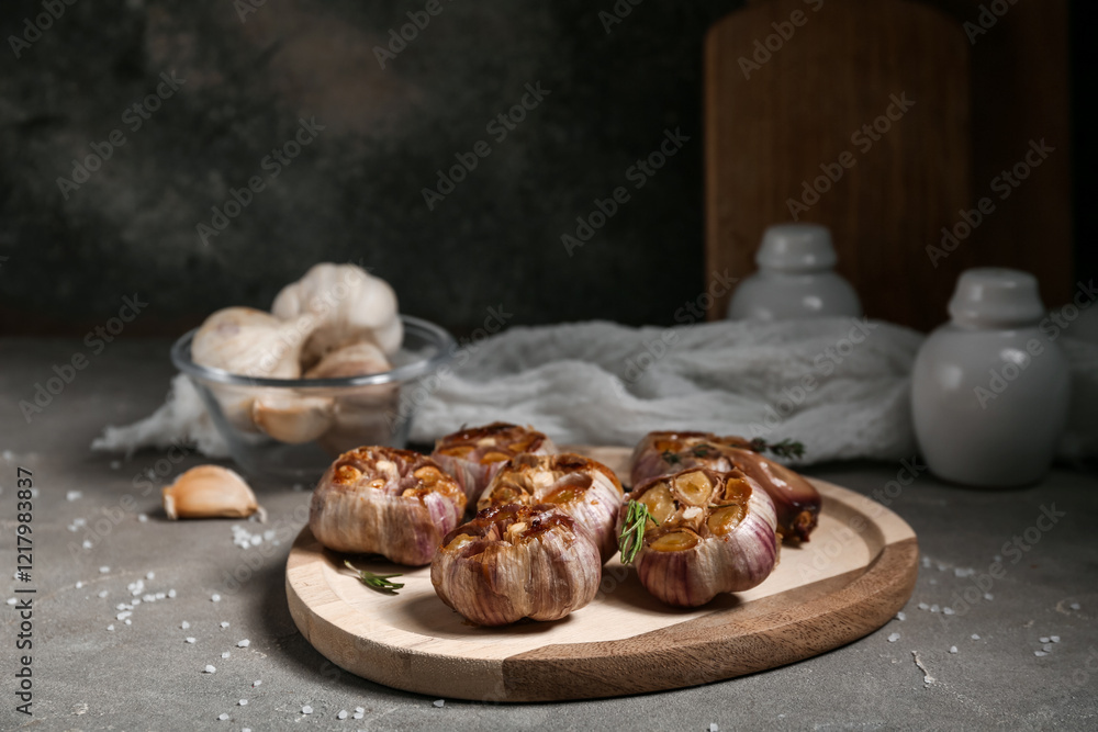 Wooden board with baked garlic and rosemary on grey table Wooden board with baked garlic and rosemary on grey table