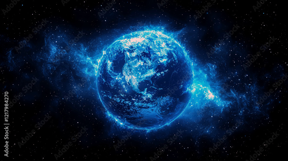 Glowing Earth: A Cosmic Energy Field in Deep Space. Stunning Blue Planet Glowing Earth: A Cosmic Energy Field in Deep Space. Stunning Blue Planet