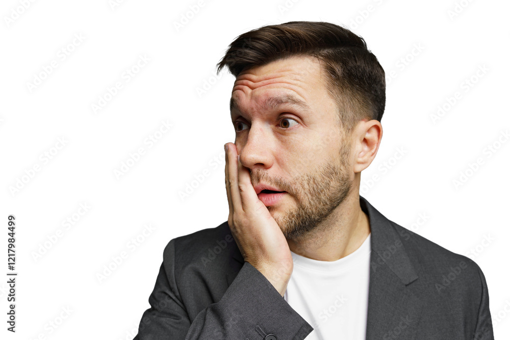 Concerned man expressing surprise with hand on face in formal attire against plain background Concerned man expressing surprise with hand on face in formal attire against plain background