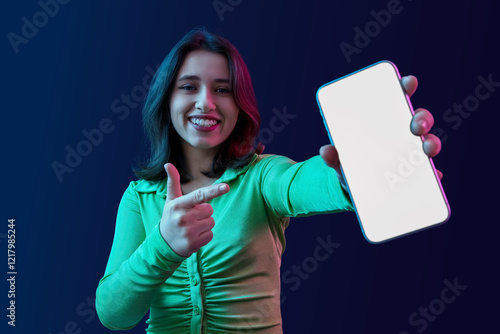 Young woman pointing at bla...