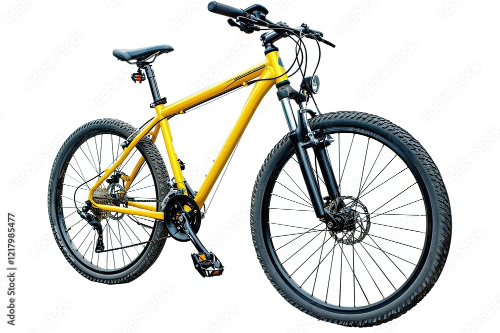 Fototapeta premium A yellow mountain bike showcasing its design and features for outdoor cycling adventures. isolated on white background