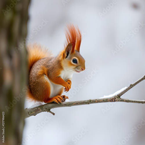 Selective focus side view of tiny American red squirrel perched on tree branch in winter, Quebec City, Quebec, Canada photo