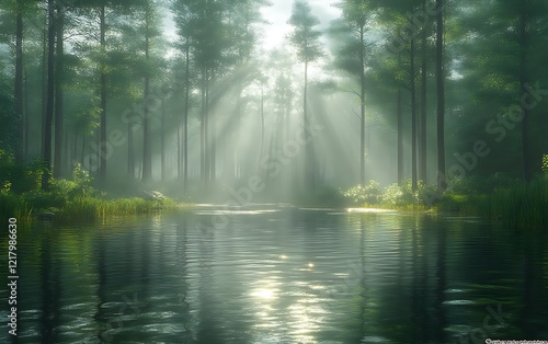 Wallpaper Mural Sunbeams pierce misty forest, reflecting on calm water. Torontodigital.ca