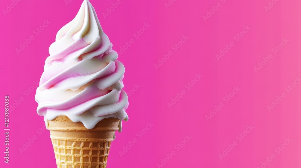 A cone topped with vanilla soft serve ice cream, set against a soft pink background for a stylish and delicious visual. A cone topped with vanilla soft serve ice cream, set against a soft pink background for a stylish and delicious visual.