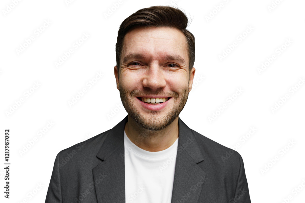 Smiling man in a professional jacket presenting a friendly demeanor against a plain background Smiling man in a professional jacket presenting a friendly demeanor against a plain background