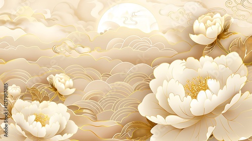 Fototapeta Naklejka Na Ścianę i Meble -  Beautiful background of peony flowers and moon with gold line texture