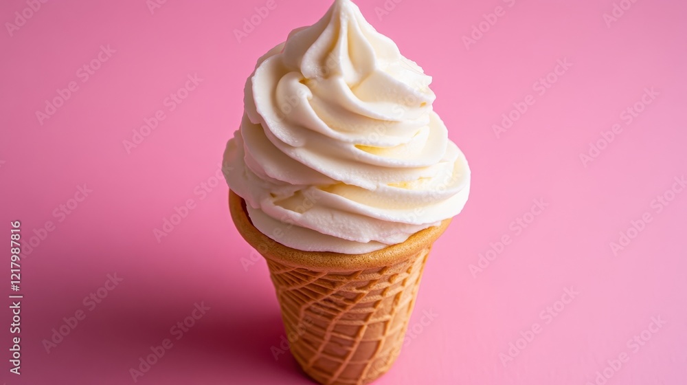 A vanilla ice cream cone with melting soft serve, captured on a light pink background, perfect for adding branding or messages. A vanilla ice cream cone with melting soft serve, captured on a light pink background, perfect for adding branding or messages.