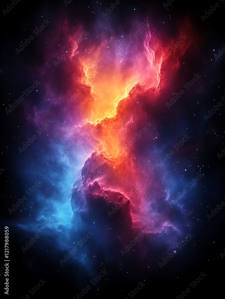 Naklejka premium Vibrant nebula with red, orange, and blue hues in deep space.