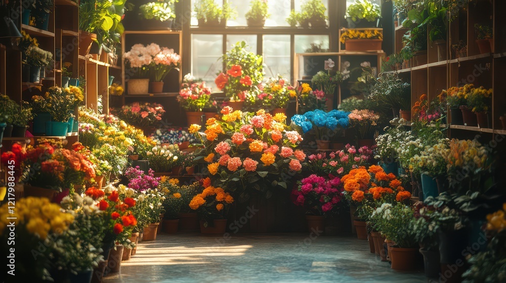 Obraz premium Vibrant Flower Shop: A Sunlit Greenhouse Filled with Colorful Blooms
