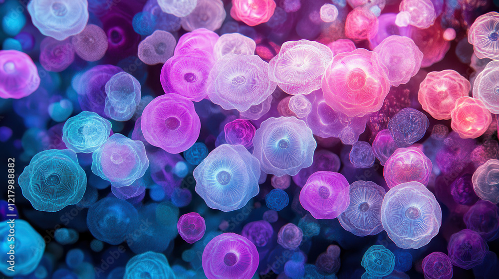 A surreal fractal-like composition of bioluminescent shapes floating in a sea of darkness, pulsating with neon tones of fuchsia, cerulean A surreal fractal-like composition of bioluminescent shapes floating in a sea of darkness, pulsating with neon tones of fuchsia, cerulean